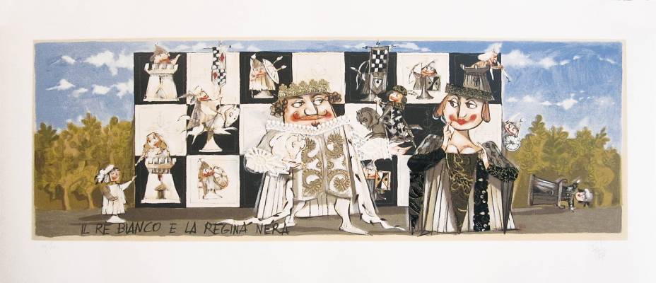 Paolo Fresu - Serigrafie - Il re bianco e la regina nera - Serigrafia a tiratura limitata con collage di stoffa - cm 102x44 - Galleria Casa d'Arte - Bra (CN)